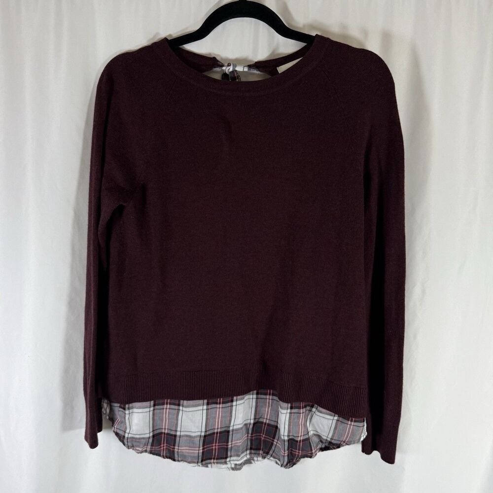 LOFT Blouse Women's Small Red Burgundy Plaid Trim Long Sleeve Soft